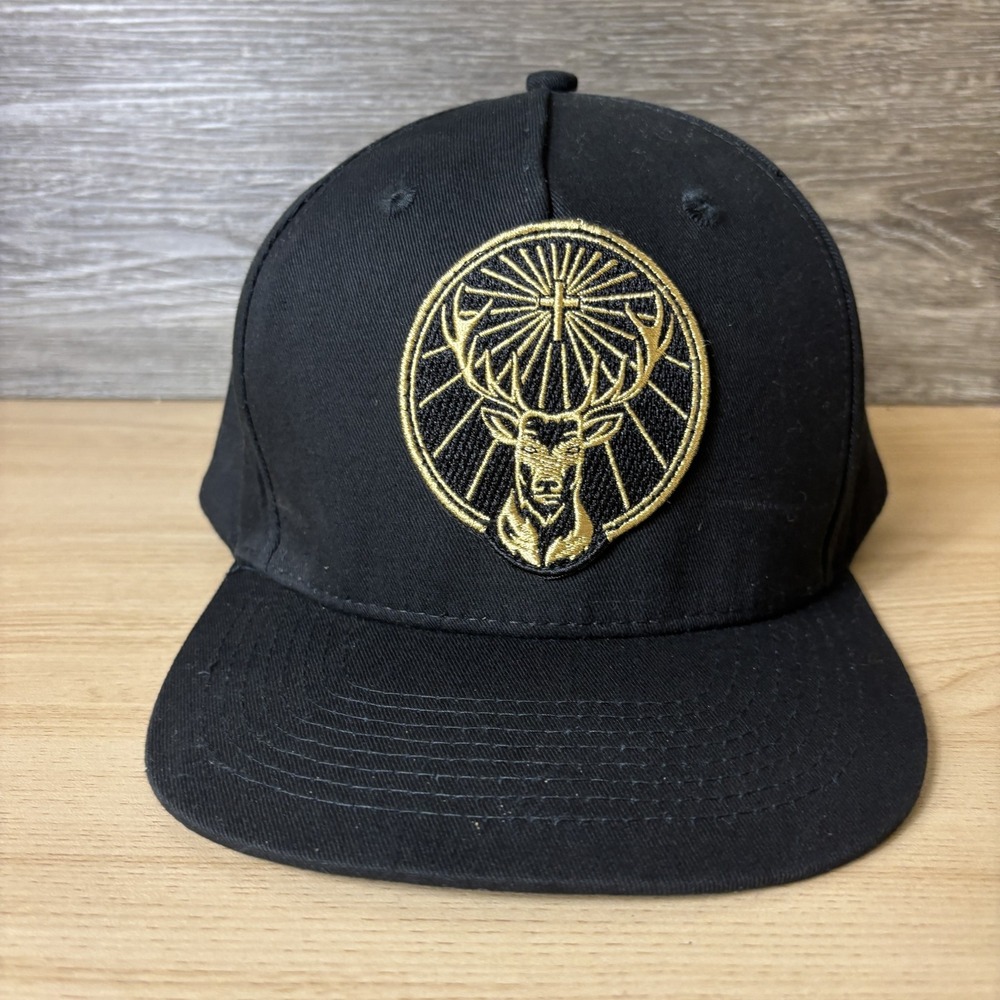 Jagermeister Hat Cap Snap Back Black Gold Embroidered Deer Antler Logo Mens